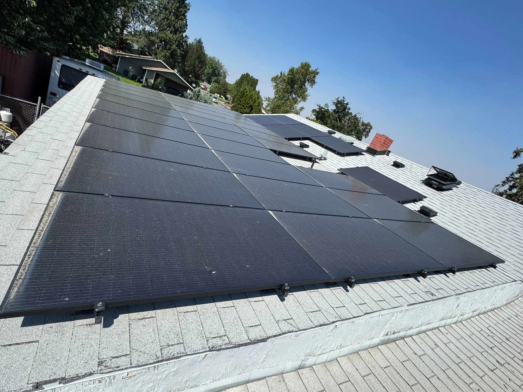 Dirty solar panels before professional cleaning in the Tri-Cities Washington